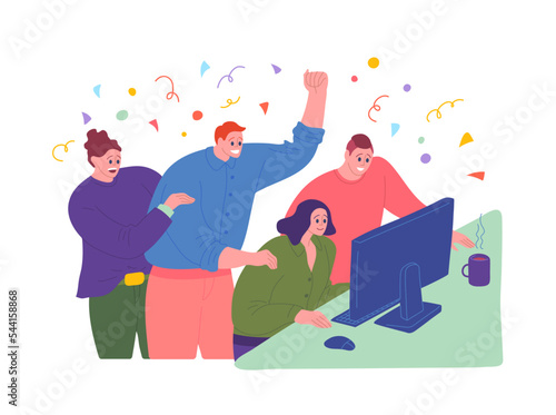 Cartoon Color Characters People Happy Business Team Together Celebration Corporate Concept Flat Design Style. Vector illustration