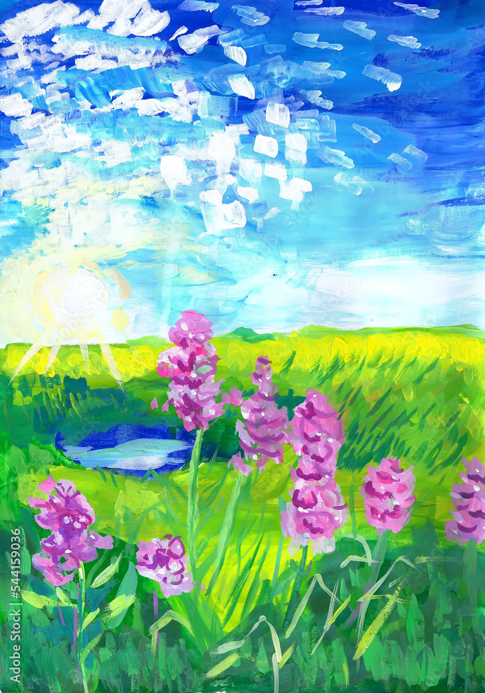Pink flowers on a bright sunny day. Children's drawing
