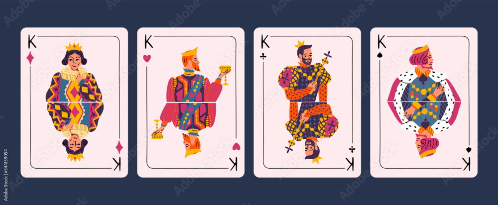 Fototapeta premium Cartoon Color Four Kings Figures from Deck of Playing Cards Set Concept Flat Design Style. Vector illustration