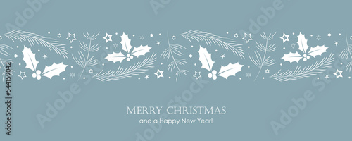christmas greeting card banner with fir branches and holly berry border