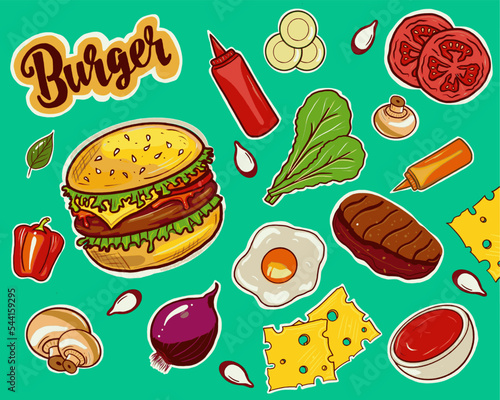 Burger recipe sticker set vector hand drawing. Ingredients for burger, cutlet stickers, cheese, egg, greens, tomato, sauce. Fast food stickers for printing, sketchbook
