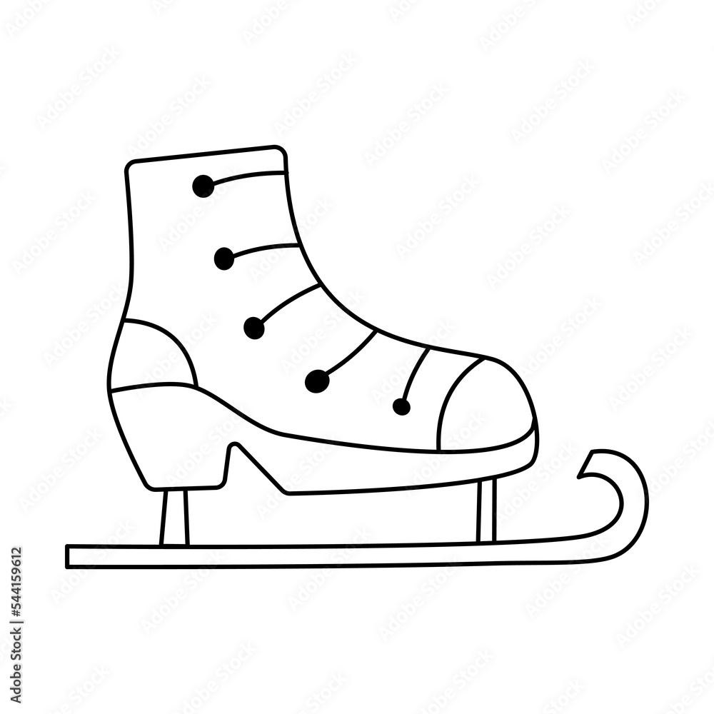 Figure skates for ice skating vector illustration in simple line art cartoon doodle style. Winter sports equipment single clip art design element. Athletic accessory. Black and white drawing.