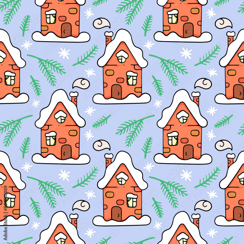 Christmas colorful houses with snow, vector seamless pattern in the style of doodles, hand drawn