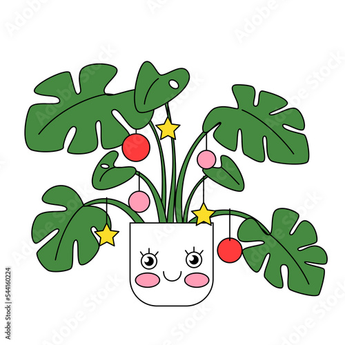 Christmas home plant decorated with stars and ornaments isolated on white. Hand drawn vector illustration. Weird cartoon style tropical monstera in pot.