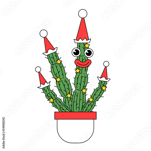 Christmas cactus in red hat. Hand drawn vector illustration isolated on white. Weird cartoon style tropical plant in pot.