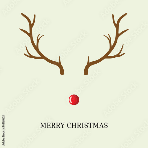 Creative Christmas greeting card with reindeer antlers red nose Merry Christmas text. Holiday poster banner template