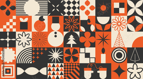 Ornate Bauhaus Inspired Christmas Background. Trendy Winter Holidays art templates.
