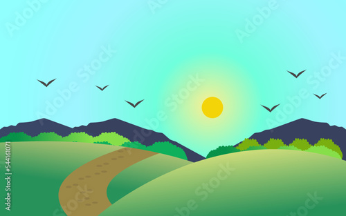 Beautiful day landscape with hills  forest trees  view at scenery with country side design