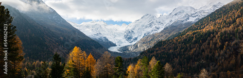 Panoramic view of Morteratsch valley and glacier in Switzerland in autumn