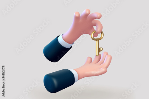 3D cartoon businessman hand holding golden key to success. Concept of key factor to success in business development. Emoji icon of man hand giving golden key on light background. Vector illustration.