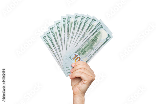 Female hand holding a wad of hundred-dollar cash banknotes isolated on white background. Shopping, payment for purchases, banking operations. Money concept
