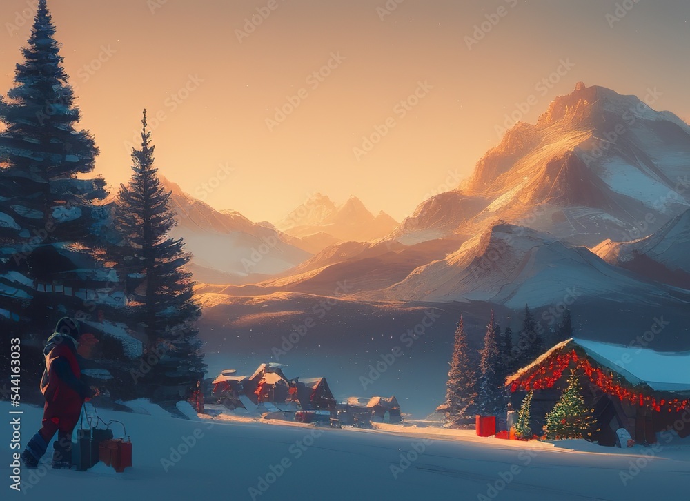 Paisaje navideño de invierno con montañas y nieve ilustración de Stock |  Adobe Stock