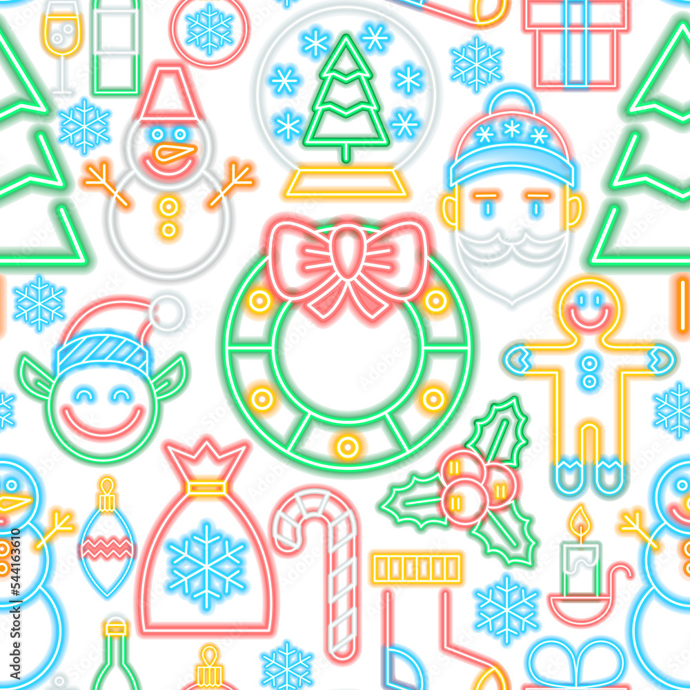 Fototapeta premium Christmas Neon Seamless Pattern. Illustration of Winter Holiday Promotion.