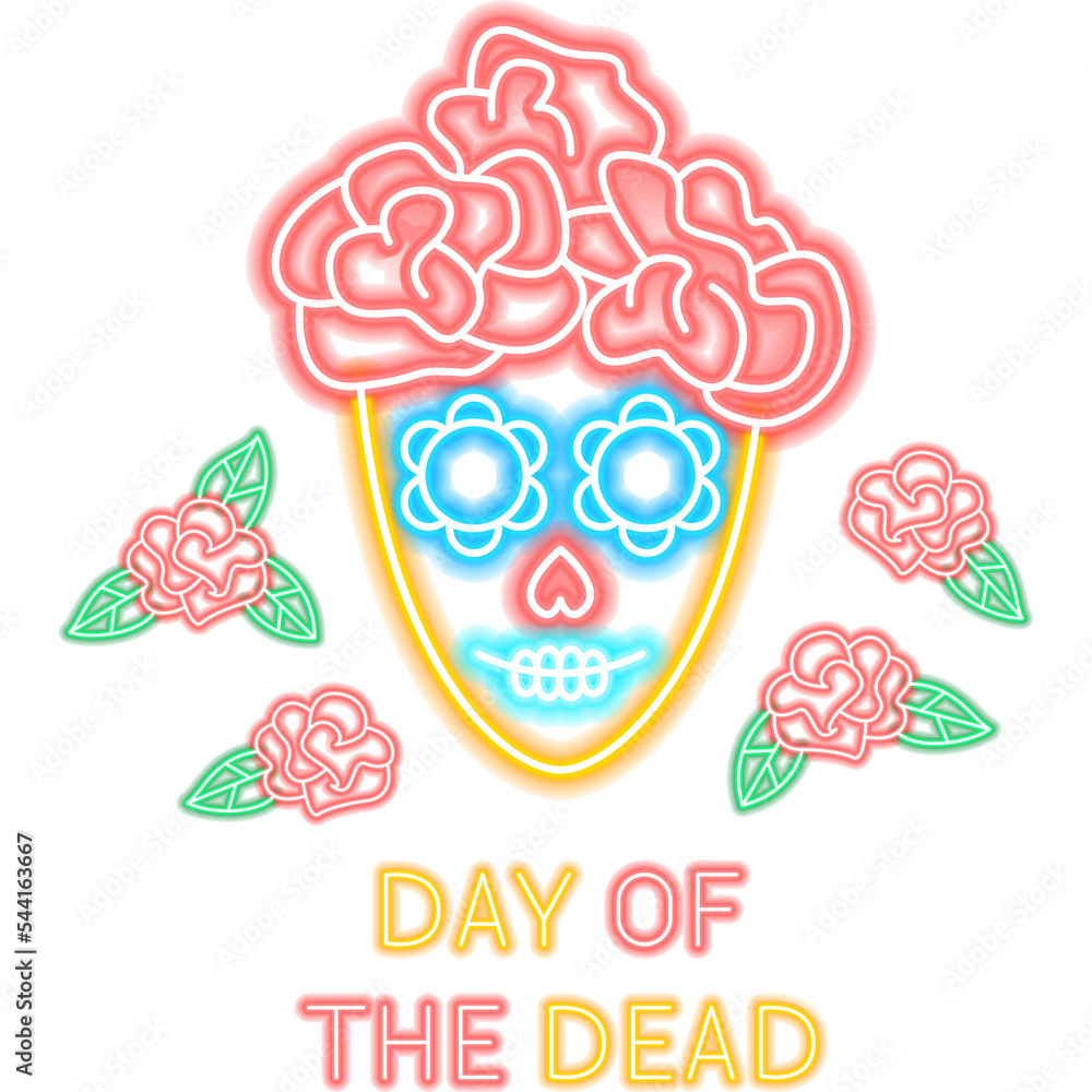 Day of the Dead Neon Label. Illustration of Holiday Promotion. Day of the Dead Neon Label. Illustration of Holiday Promotion.