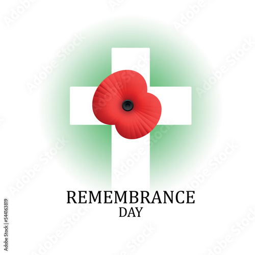 Wooden cross with poppy on white with text. Decorative flower for Remembrance Day, Memorial Day, Anzac Day in New Zealand, Australia, Canada and Great Britain. EPS10 vector.
