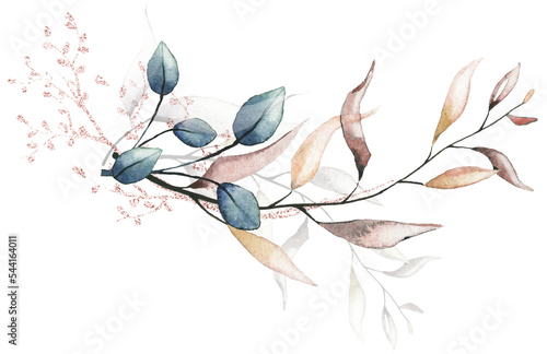 Watercolor painted floral bouquet. Arrangement with branches  leaves  pink gold dust graphic elements. Cut out hand drawn PNG illustration on transparent background. Clipart watercolour drawing.