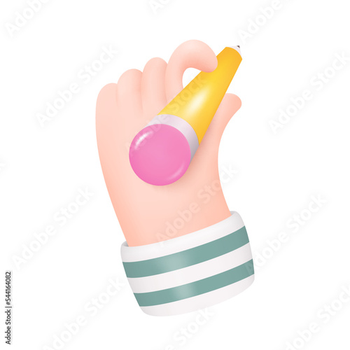3D Hand Writing with Yellow Graphic Pencil Isolated on White Background. Human Arm Holding Pen. Vector Illustration
