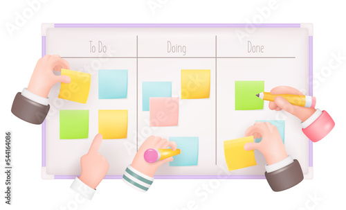 Kanban Board with Color Sticky Notes and Writing Hands. Scrum Board, Teamwork Concept. Agile Methodology 3D Vector Illustration