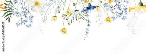 Watercolor painted floral seamless border. Green and yellow wild flowers, branches, leaves and twigs. Cut out hand drawn PNG illustration on transparent background. Watercolour clipart drawing... © satika