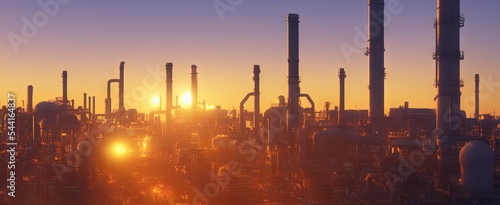 Large industrial gas pipelines in a modern refinery at sunrise 3d render. AI generated art illustration