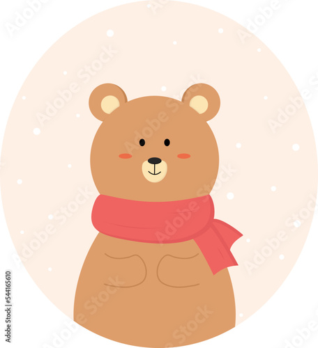 Cute bear on a pink background in a bright scarf under the snow. Vector object.