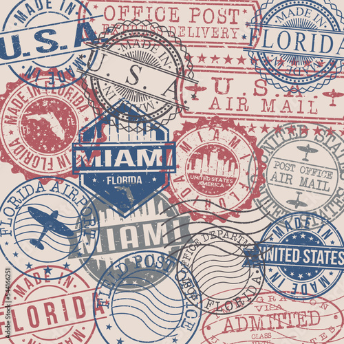 Miami, FL, USA Set of Stamps. Travel Stamp. Made In Product. Design Seals Old Style Insignia.