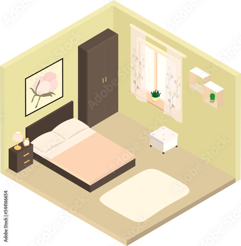 Elegant and bright bedroom in three-dimensional isometry. Vector illustration of the interior of the room.
