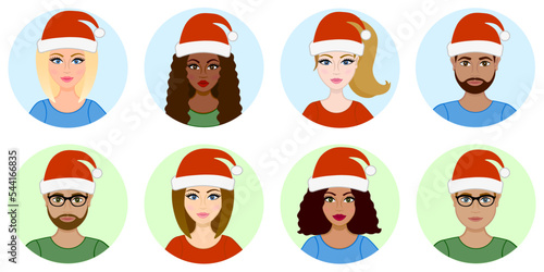 Christmas racial divercity. Set of avatars. African, hispanic(latina) and european (caucasian) women. Different haircuts: wavy hair, ponytail. Bearded man wearing glasses
