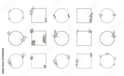 Geometric floral frames, borders, wreaths, hand drawn illustrations. Trendy Line drawing, line art style with branches and nature ornaments. © Matias