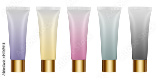 Set of multicolored gradient tubes. 3d mockup. Rainbow palette. Purple, black, green, yellow and red colors. Hand cream, mask or lotion. Professional shampoo. Gold cap. Plastic bottle.