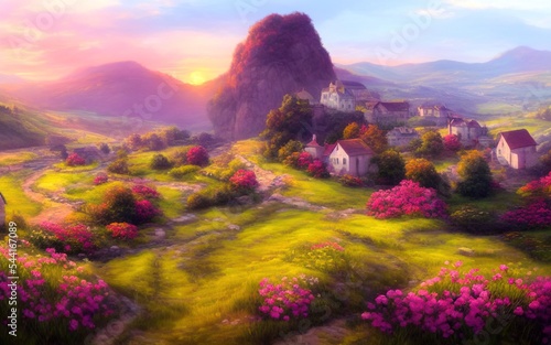 A beautiful flowering valley with stone houses against the backdrop of a beautiful sunset and mountains. Magic calming scene. Natural wallpaper. Digital painting illustration.