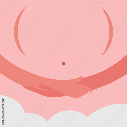 Hands holding the belly with care. Pregnant woman, future mom. Flat vector illustration.