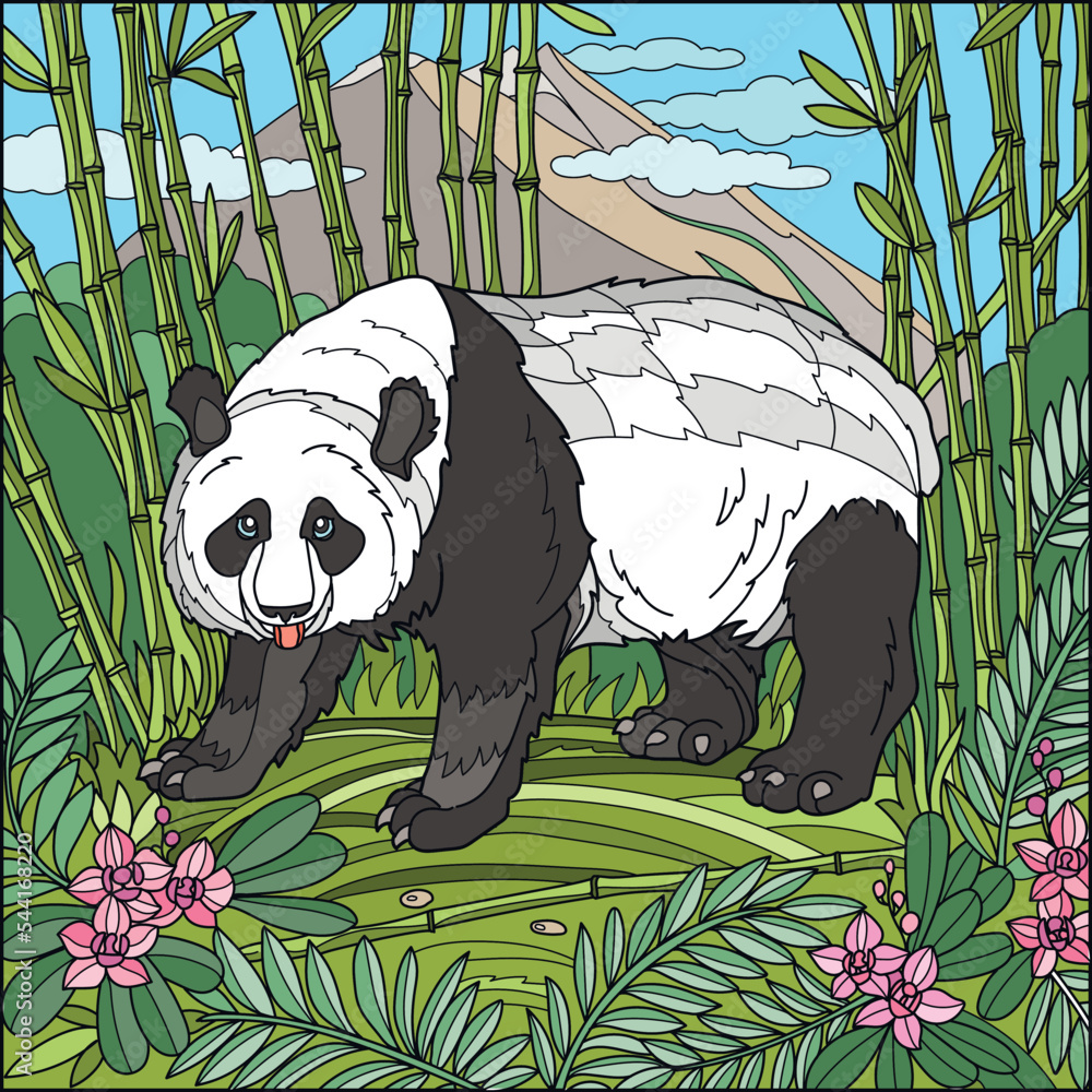 Coloring page for adults. Big panda bear standing in bamboo forest ...