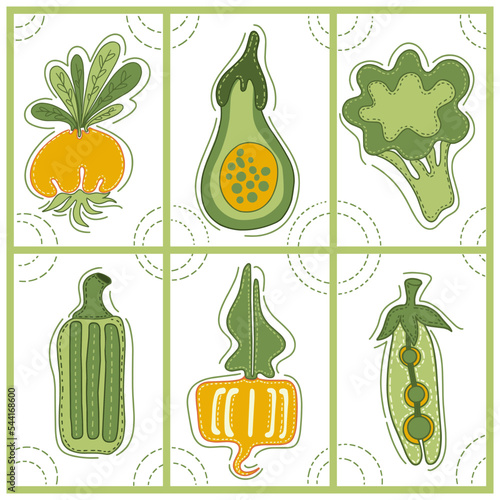 Collection of decorative abstract and doodle elements about: vegetables, onion, avocado, broccoli, zucchini, turnip, peas. Vector illustration.