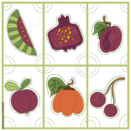 Collection of decorative abstract and doodle elements about: fruits and vegetables, watermelon, pomegranate, plum, mangosteen, pumpkin, cherry. Vector illustration.