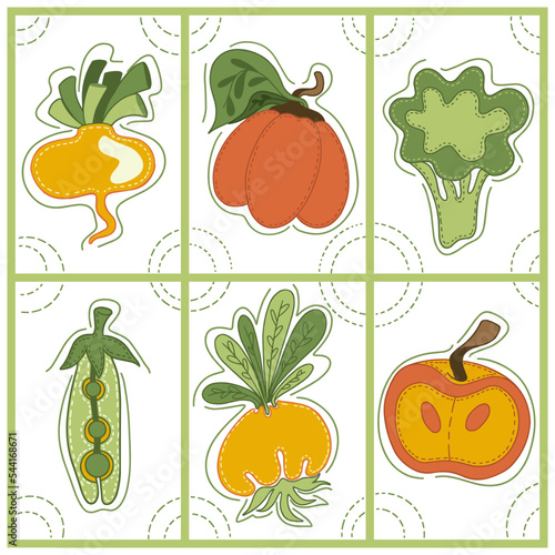 Collection of decorative abstract and doodle elements about: fruits and vegetables, turnip, pumpkin, broccoli, peas, onion, apple. Vector illustration.