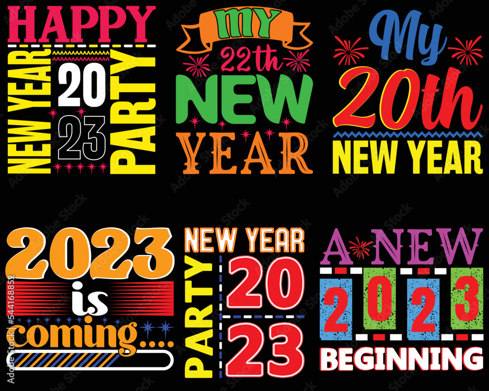 Naklejka premium Happy New Year Quotes T-Shirt Design Bundle. The Best Happy New Year Quotes T-Shirt Design.