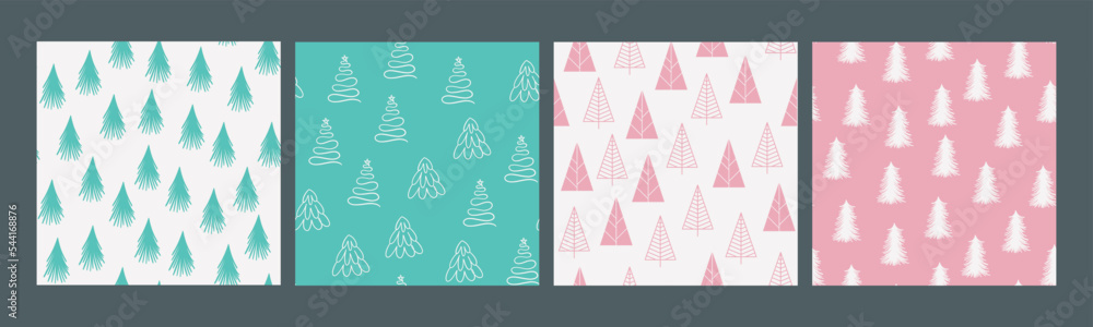 Merry Christmas and Happy New Year set of seamless pattern with various christmas tree. Modern hand draw illustrations. Colorful contemporary art