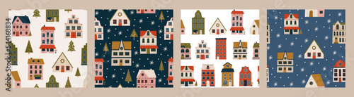 Merry Christmas and Happy New Year set of seamless pattern with various tiny houses. Modern hand draw illustrations. Colorful contemporary art
