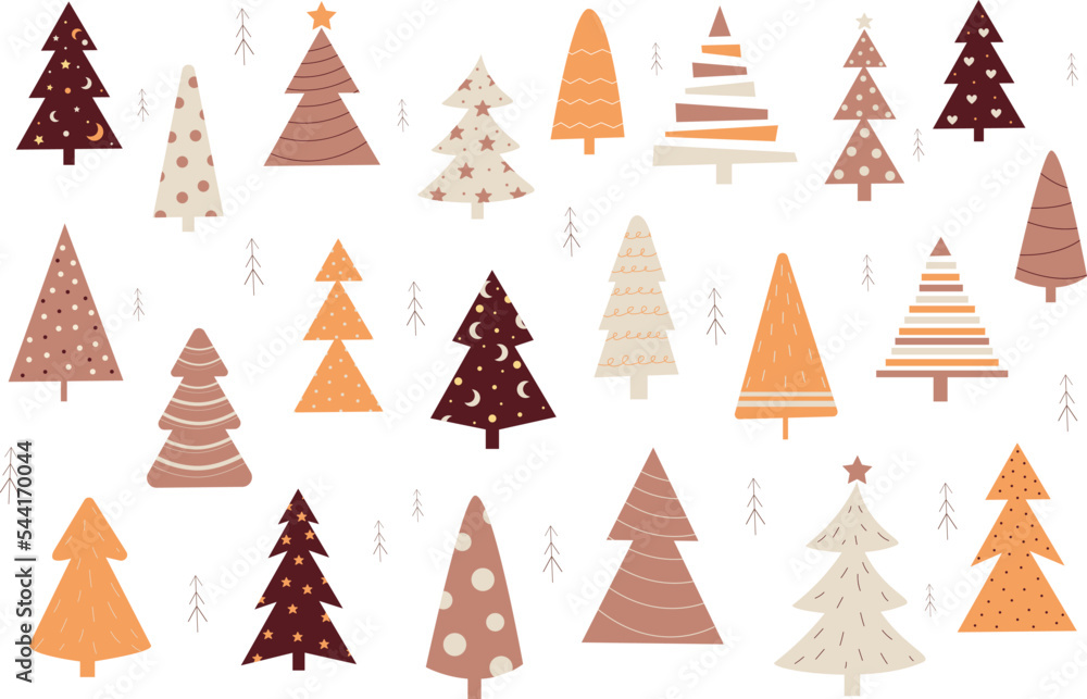 Set of christmas trees in boho style. Flat new years trees in orange, beige and purple colors. Set of christmas trees in boho style. Flat new years trees in orange, beige and purple colors.