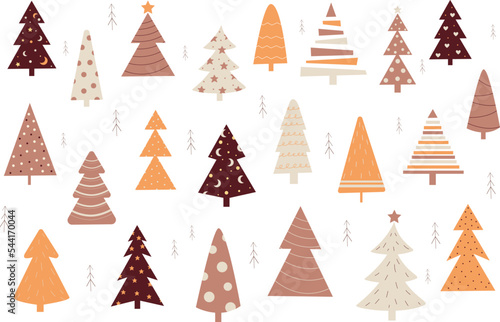 Set of christmas trees in boho style. Flat new years trees in orange, beige and purple colors.