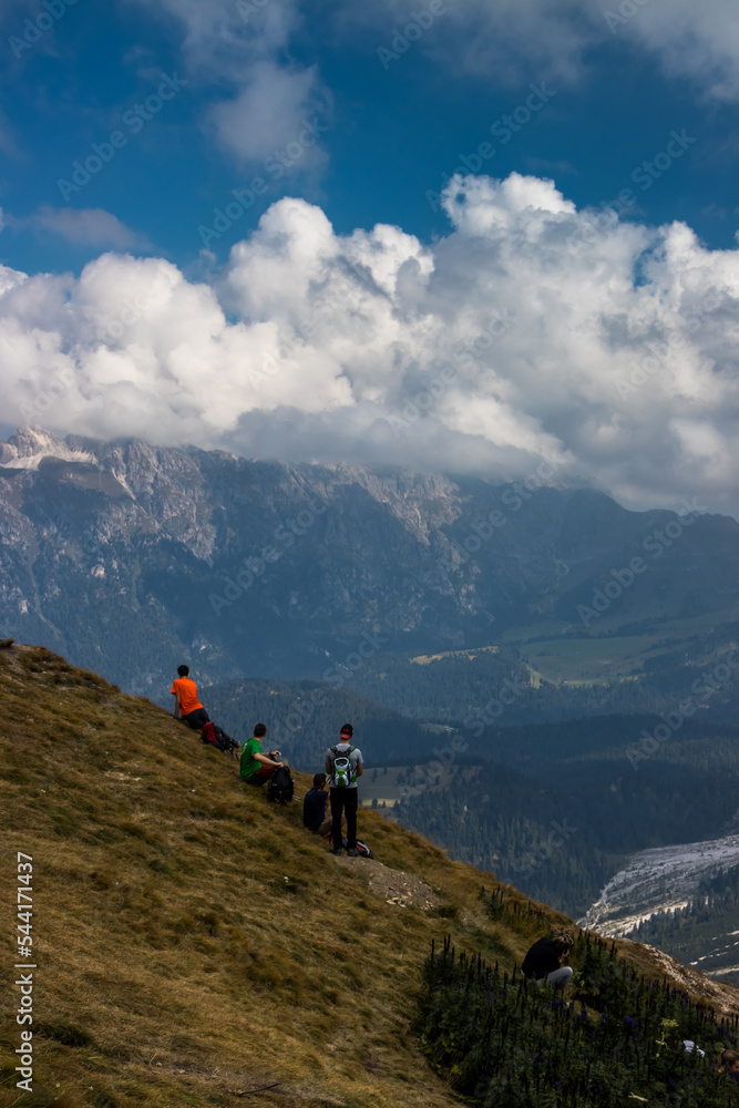 Fototapeta premium Clouds over mountain massif Odle in Dolomites