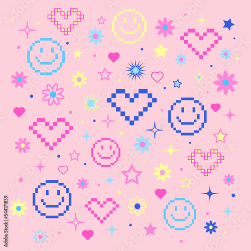 bright symbols in the style of the 2000s emoticons, hearts, stars