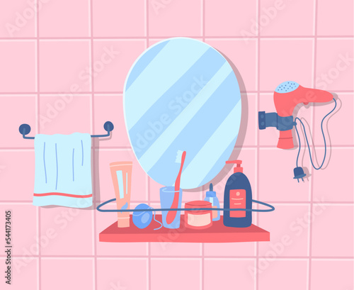 Vector rectangle bathroom mirror and a shelf with skincare, man razor, toothbrush, aftershave and towel on a hanger on a ceramic tile background.