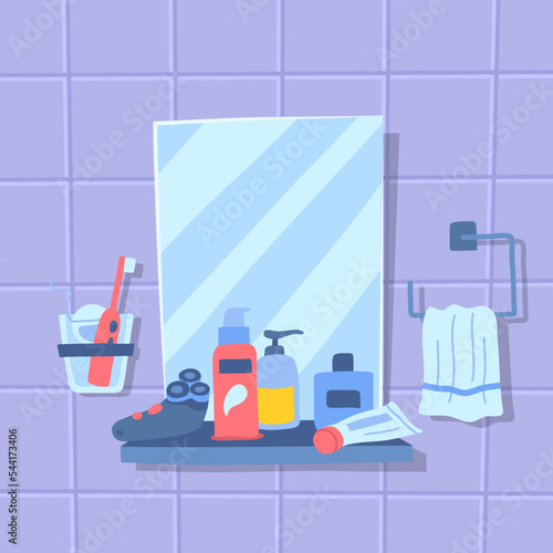 Vector rectangle bathroom mirror and a shelf with skincare, man razor, toothbrush, aftershave and towel on a hanger on a ceramic tile background
