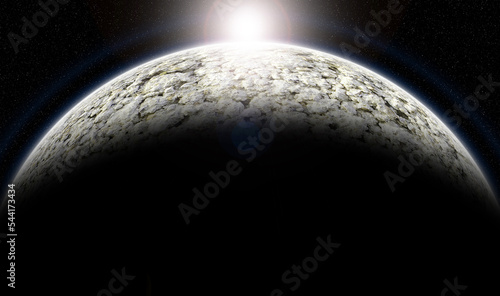Cinematic ice planet in deep space. Star rising over the planet