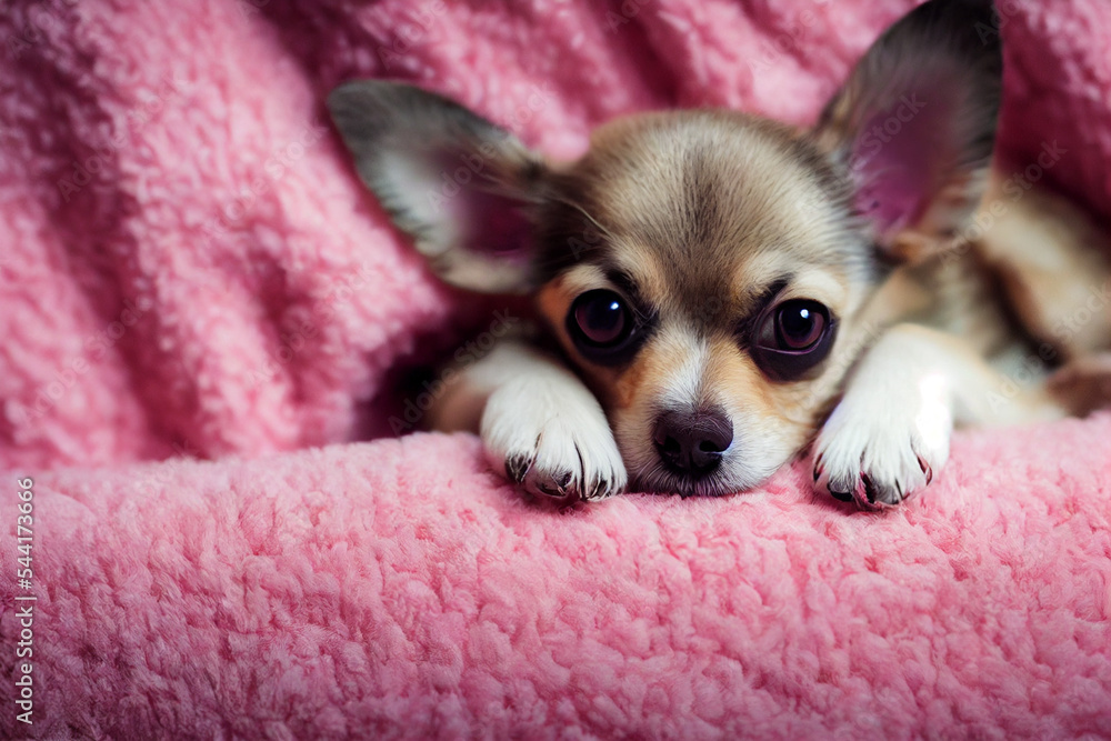 Cute Chihuahua puppy lying on a pink blanket Cute Chihuahua puppy lying on a pink blanket