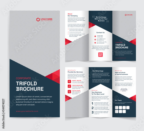 Corporate trifold brochure template. Modern, Creative, and Professional tri-fold brochure vector design. Simple and minimalist layout with blue and red colors. Corporate Business Trifold Brochure.