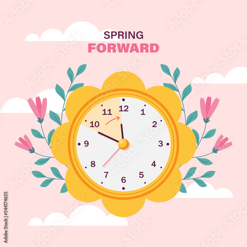 Flat spring forward illustration with clock