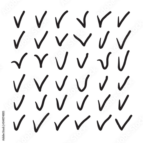 Set of sketch hand drawn thick check marks, V sign vector set isolated on white background. Different checklist marks icons